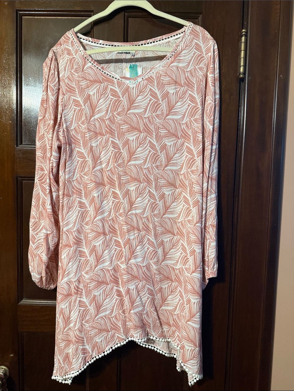 Women's Pink Leaf-Print Tunic with Pom Trim
